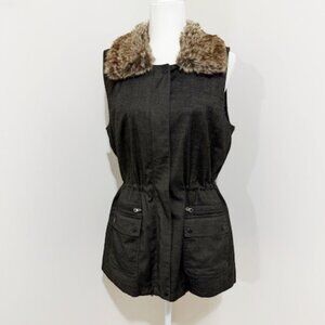 J. Jill Brown Long Vest Cinched Waist Faux Fur Collar Size M